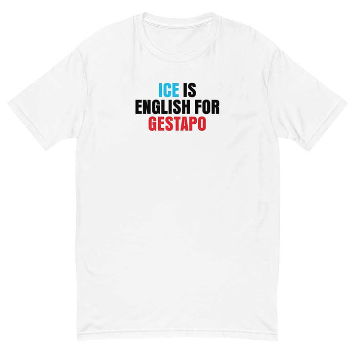 White t-shirt with black, blue, and red text on a white background