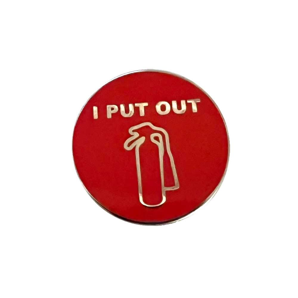 Red circular badge with 'I PUT OUT' text and a graphic of a fire extinguisher on a white background.