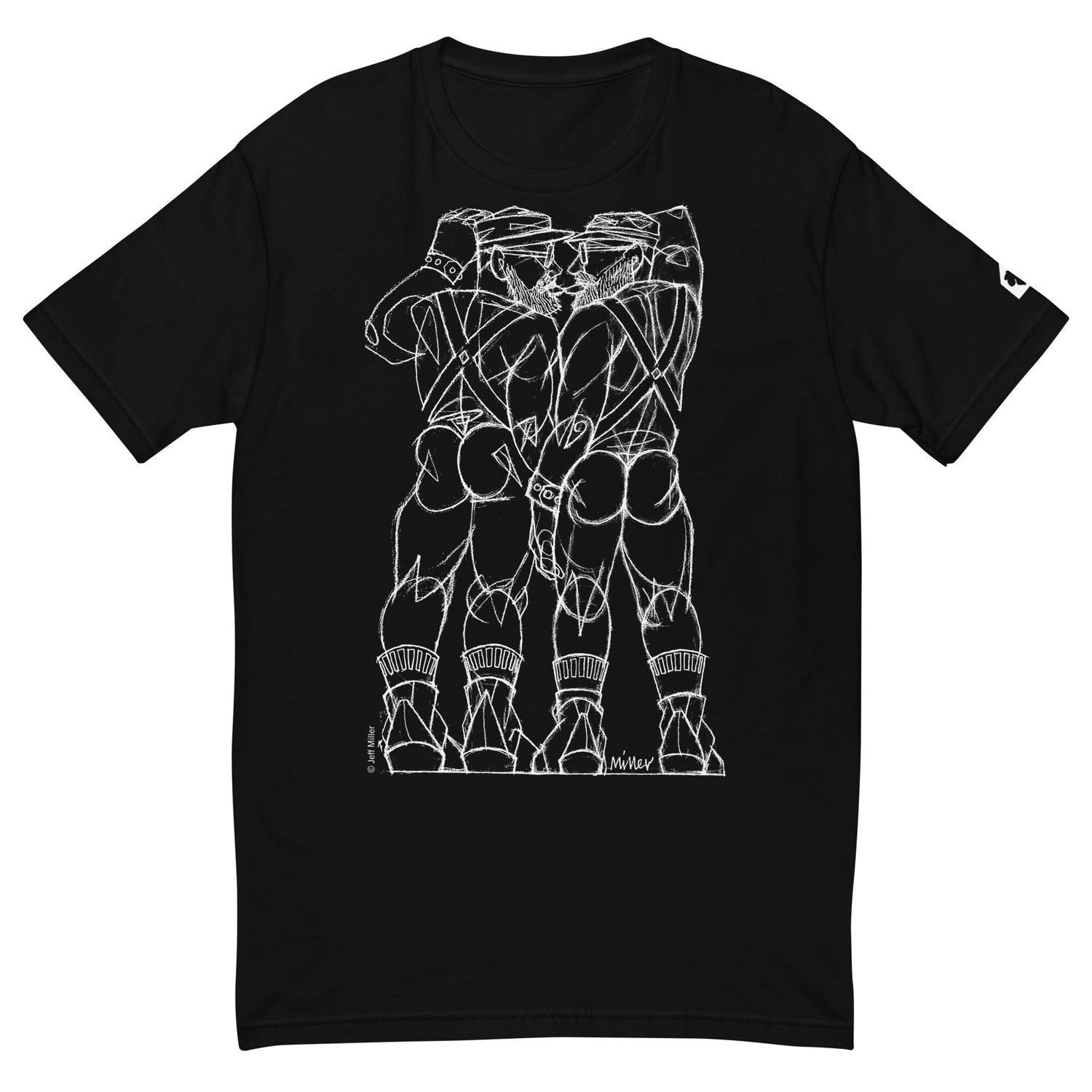 Black t-shirt with drawing in white of harnessed leather men kissing