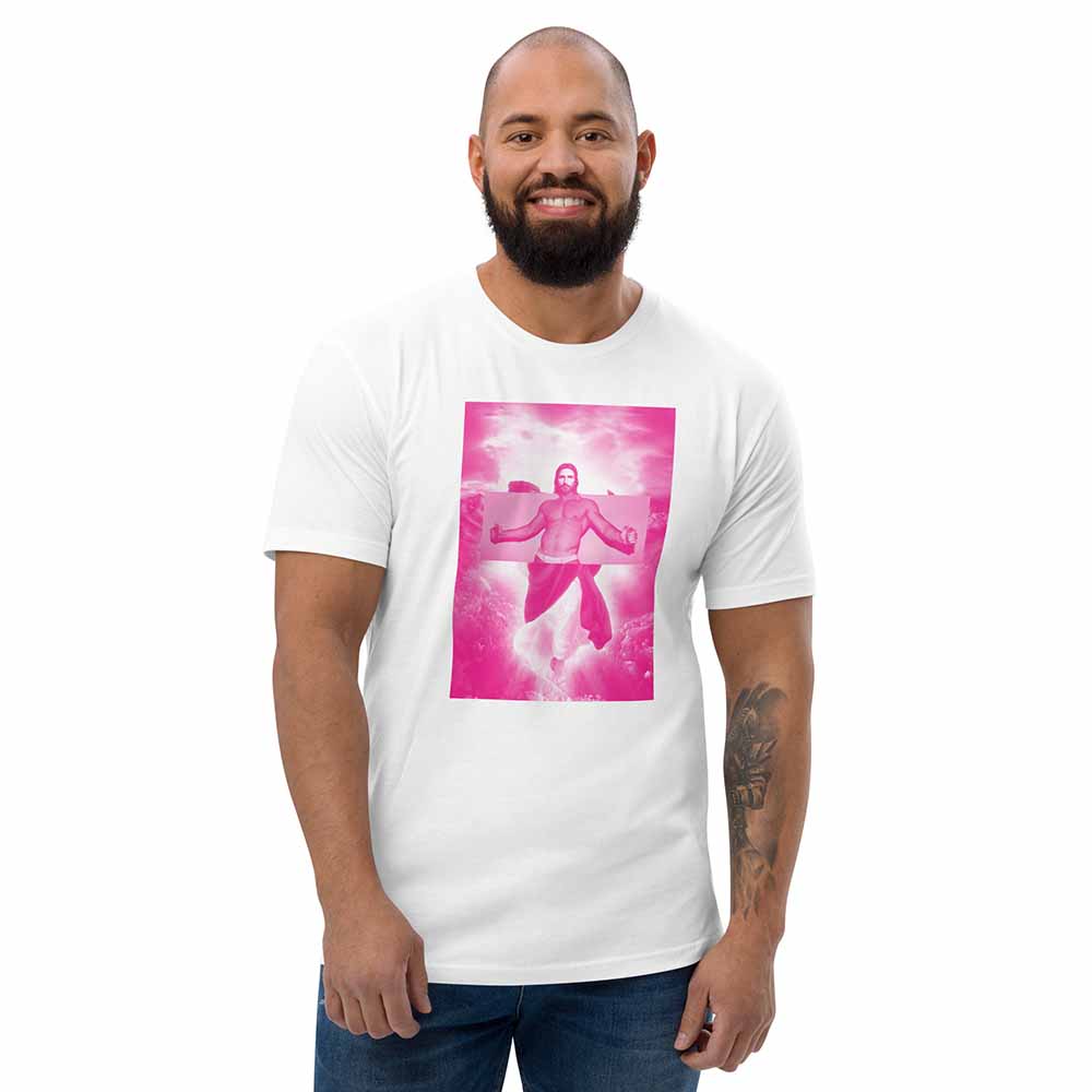 Man wearing a white t-shirt with a pink graphic design of jesus on a white background