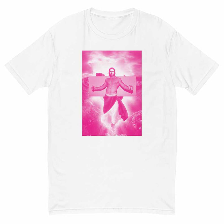 White t-shirt with a pink graphic of jesus in tighty whiteys
 in a cloud on a white background