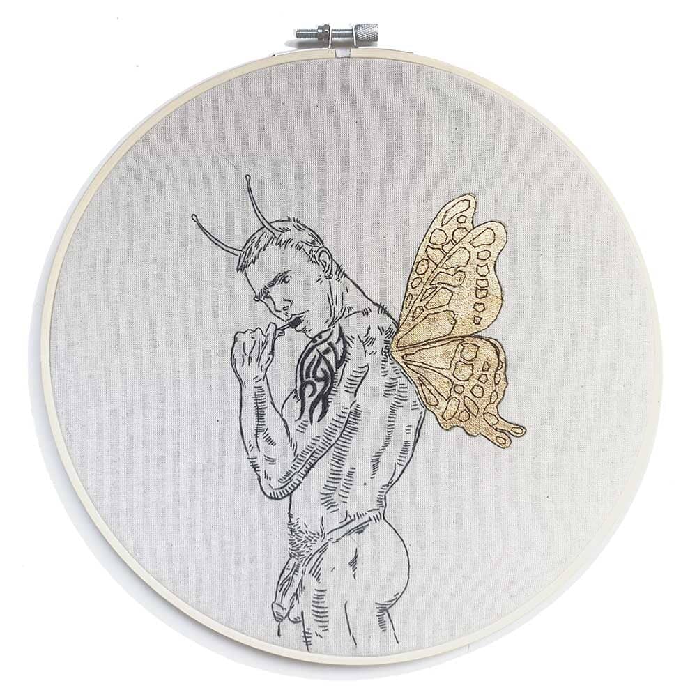 Golden winged fairy original embroidery