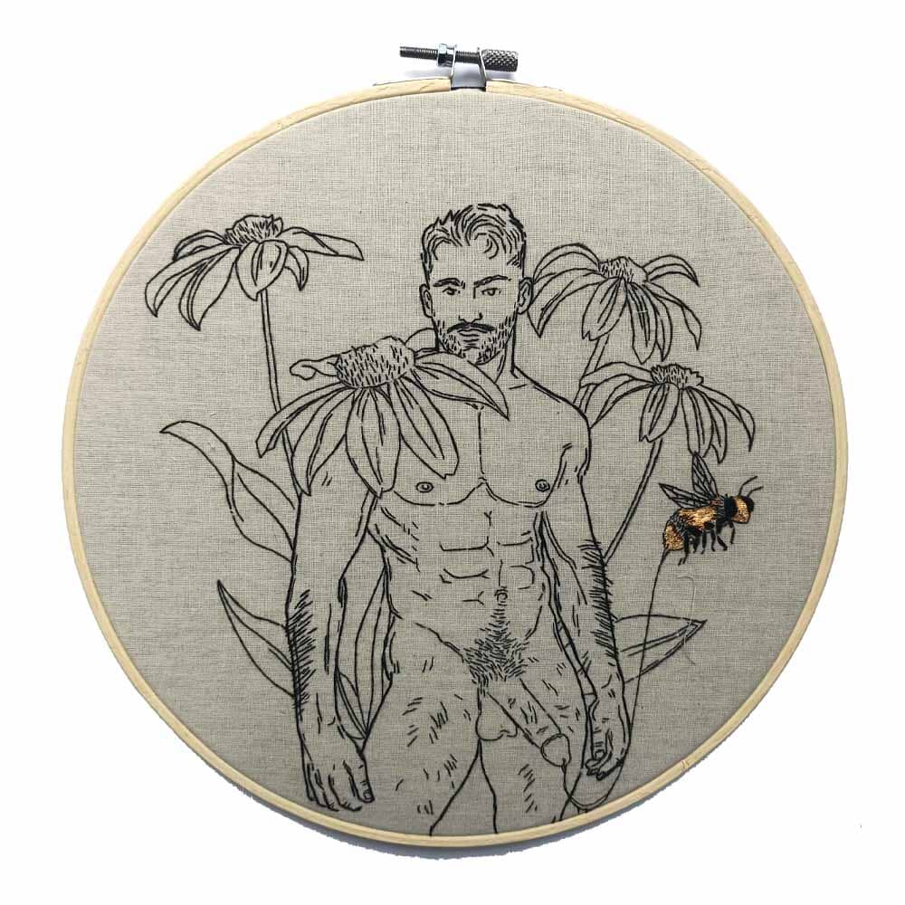 Naked Man with Bumble Bee Embroidery