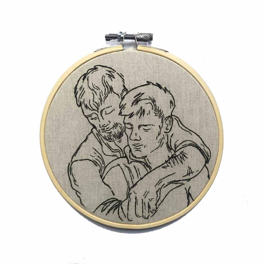 Clothed Men Embracing Original Embroidery