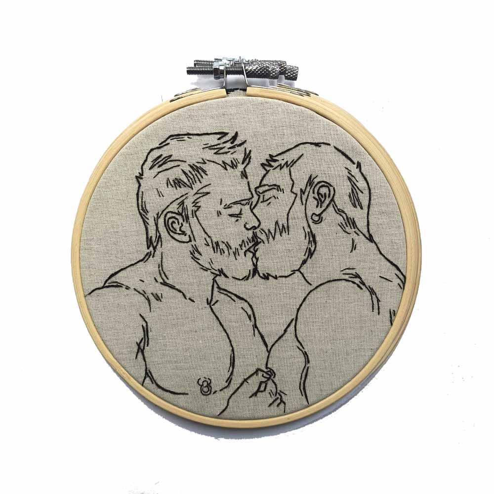 Bearded Men Kissing Original Embroidery
