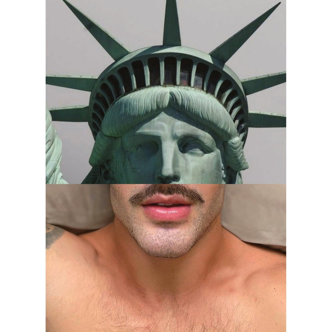 Queer art collage postcard by Naro Pinosa combining the face of the Statue of Liberty with a man&