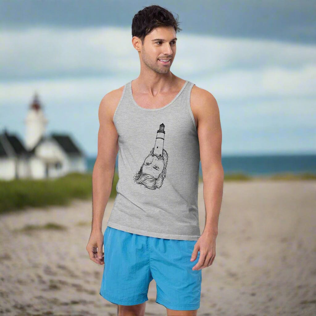 Man wearing a gray tank top with a design and blue shorts on a white background