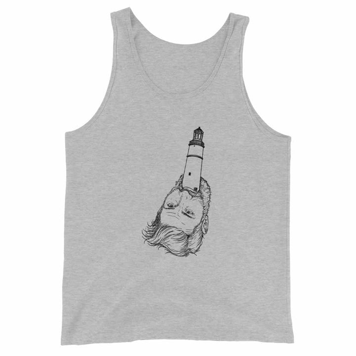 Gray tank top with a unique design of a lighthouse on a person&