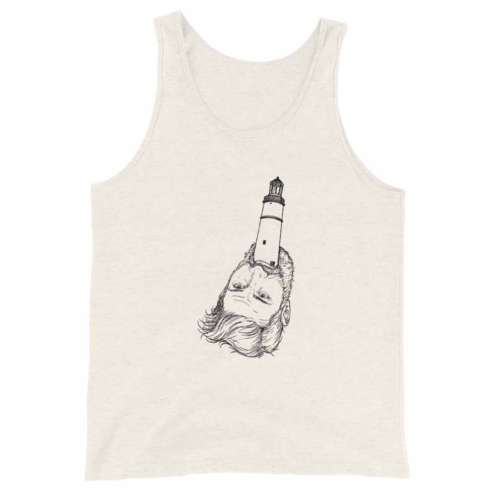Beige tank top with a lighthouse design on a white background