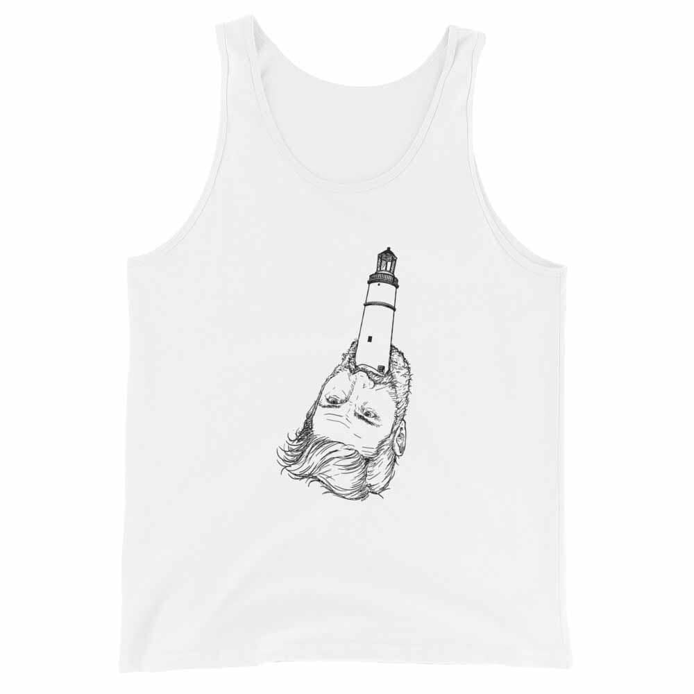 White tank top with a black and white graphic design of a lighthouse on a person's head.