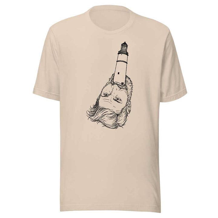 Beige t-shirt with a lighthouse design on a white background