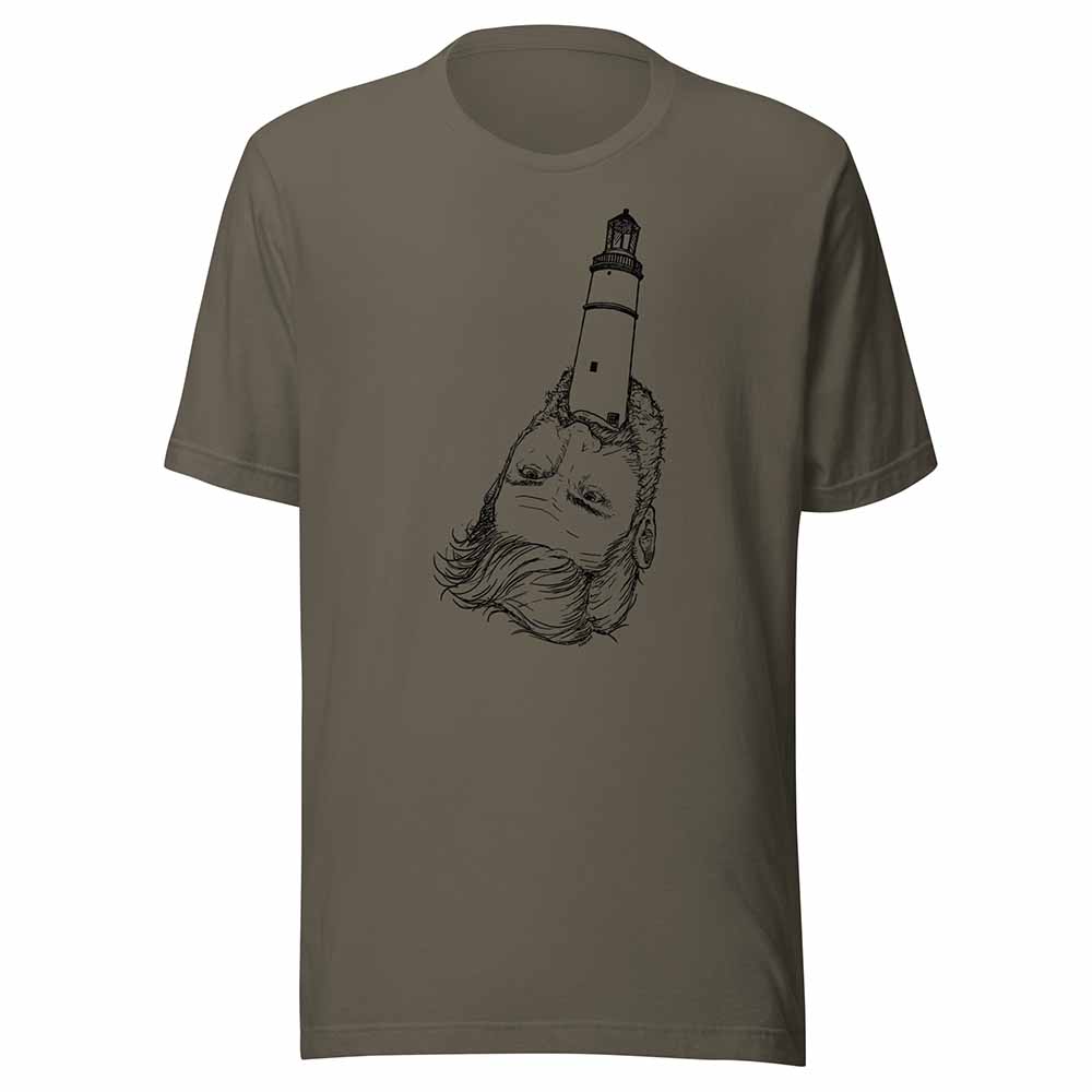 Brown t-shirt with a graphic design of a lighthouse on a white background