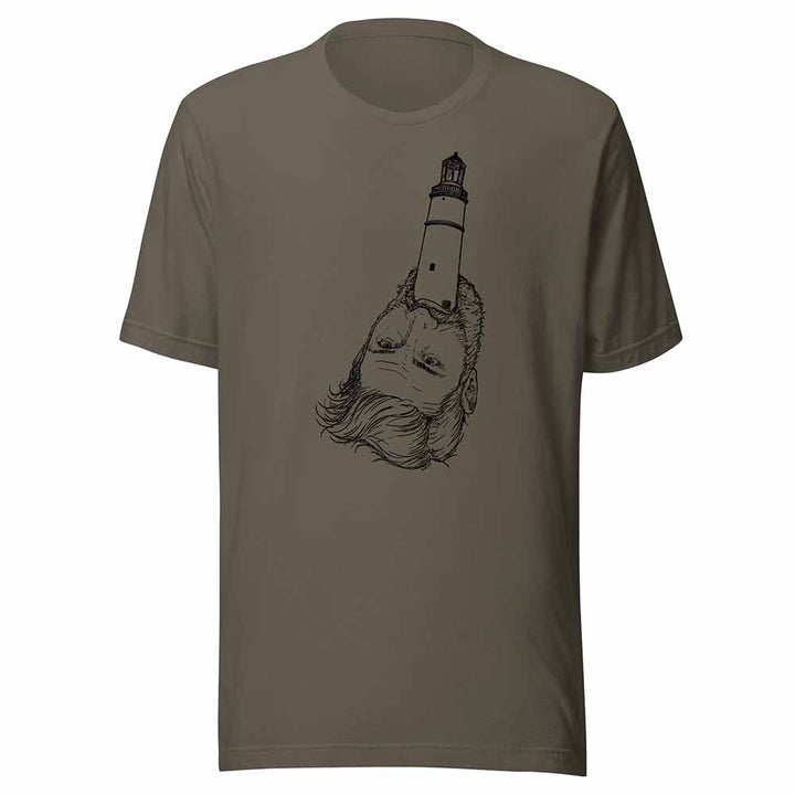 Brown t-shirt with a graphic design of a lighthouse on a white background