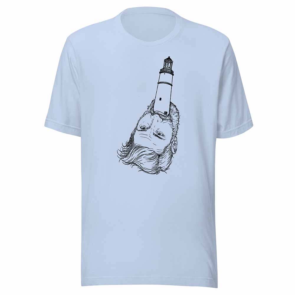 Light blue t-shirt with a graphic design of a lighthouse on a face, on a white background.
