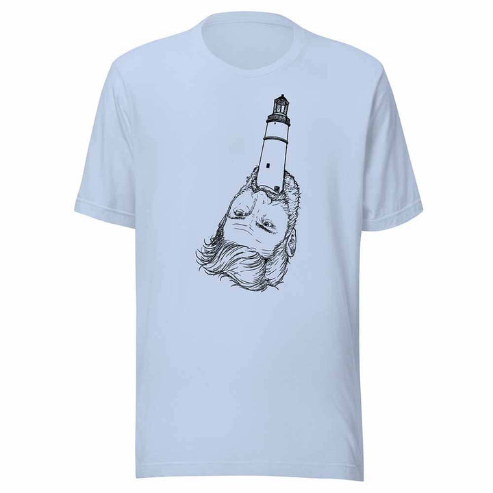 Light blue t-shirt with a graphic design of a lighthouse on a face, on a white background.