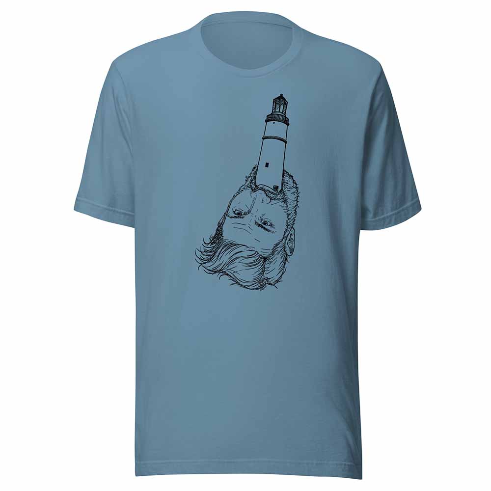 Blue t-shirt with a graphic design of a lighthouse on a person's head against a white background