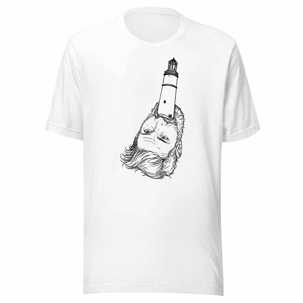 White t-shirt with a black and white graphic design of a lighthouse on a person's head.