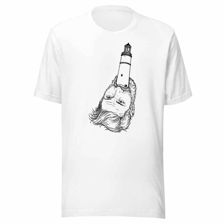 White t-shirt with a black and white graphic design of a lighthouse on a person&