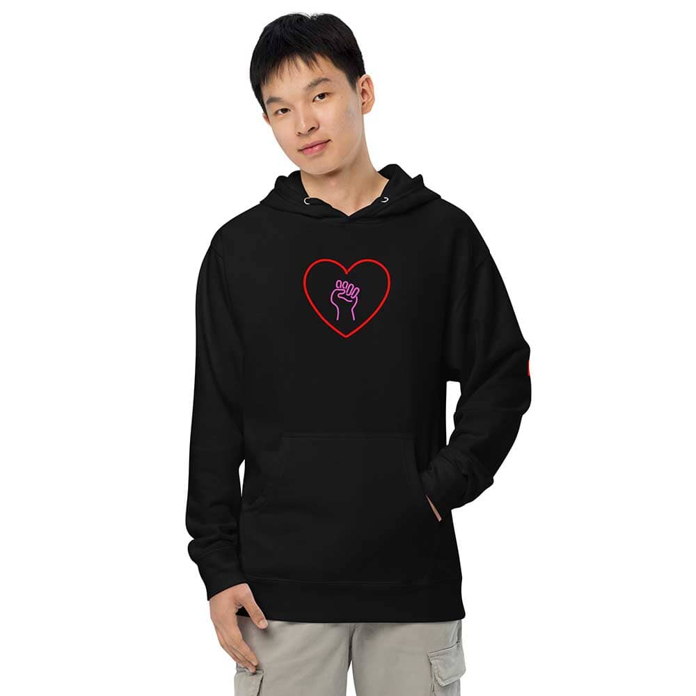 heart and solidarity fist pullover hooded black sweatshirt on man