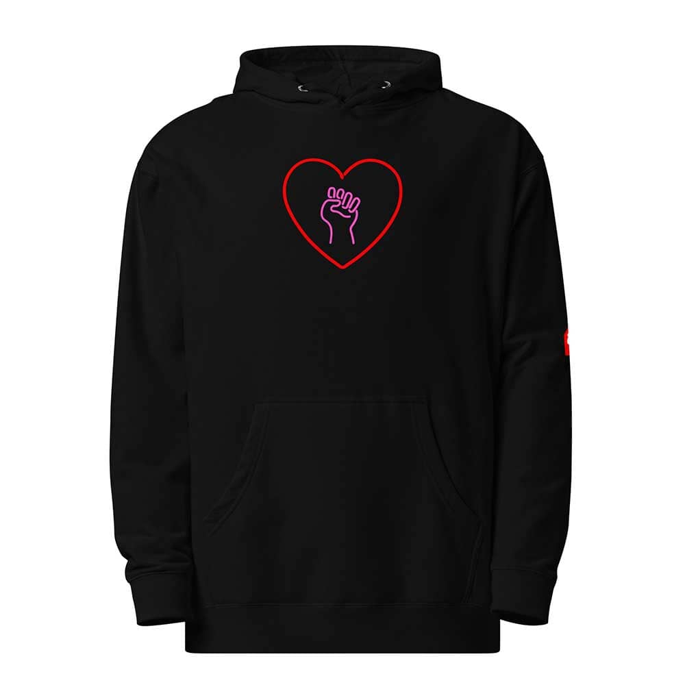 heart and solidarity fist pullover hooded black sweatshirt