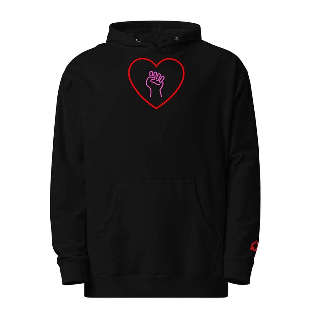 Black hoodie with a red heart and pink solidarity fist symbol on a white background