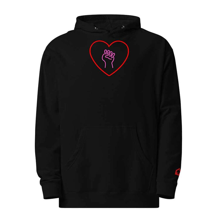 Black hoodie with a red heart and pink solidarity fist symbol on a white background