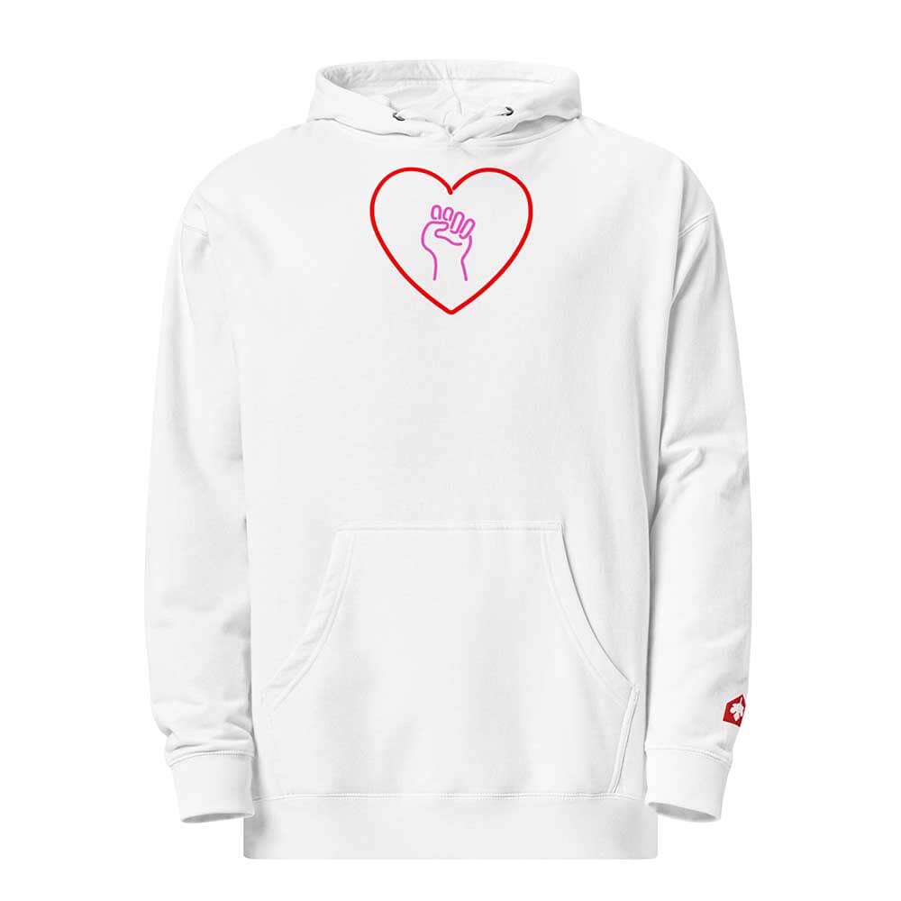 White hoodie with a red heart and pink solidarity fist symbol on a white background