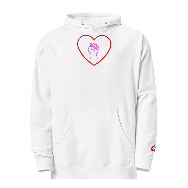 White hoodie with a red heart and pink solidarity fist symbol on a white background