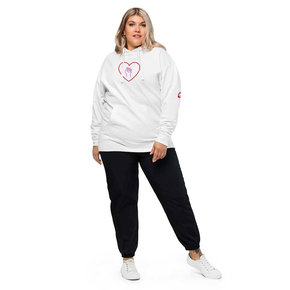 heart and solidarity fist pullover hooded white sweatshirt on woman