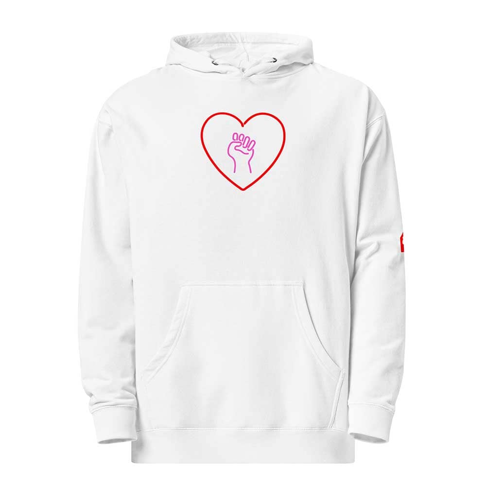 heart and solidarity fist pullover hooded white sweatshirt
