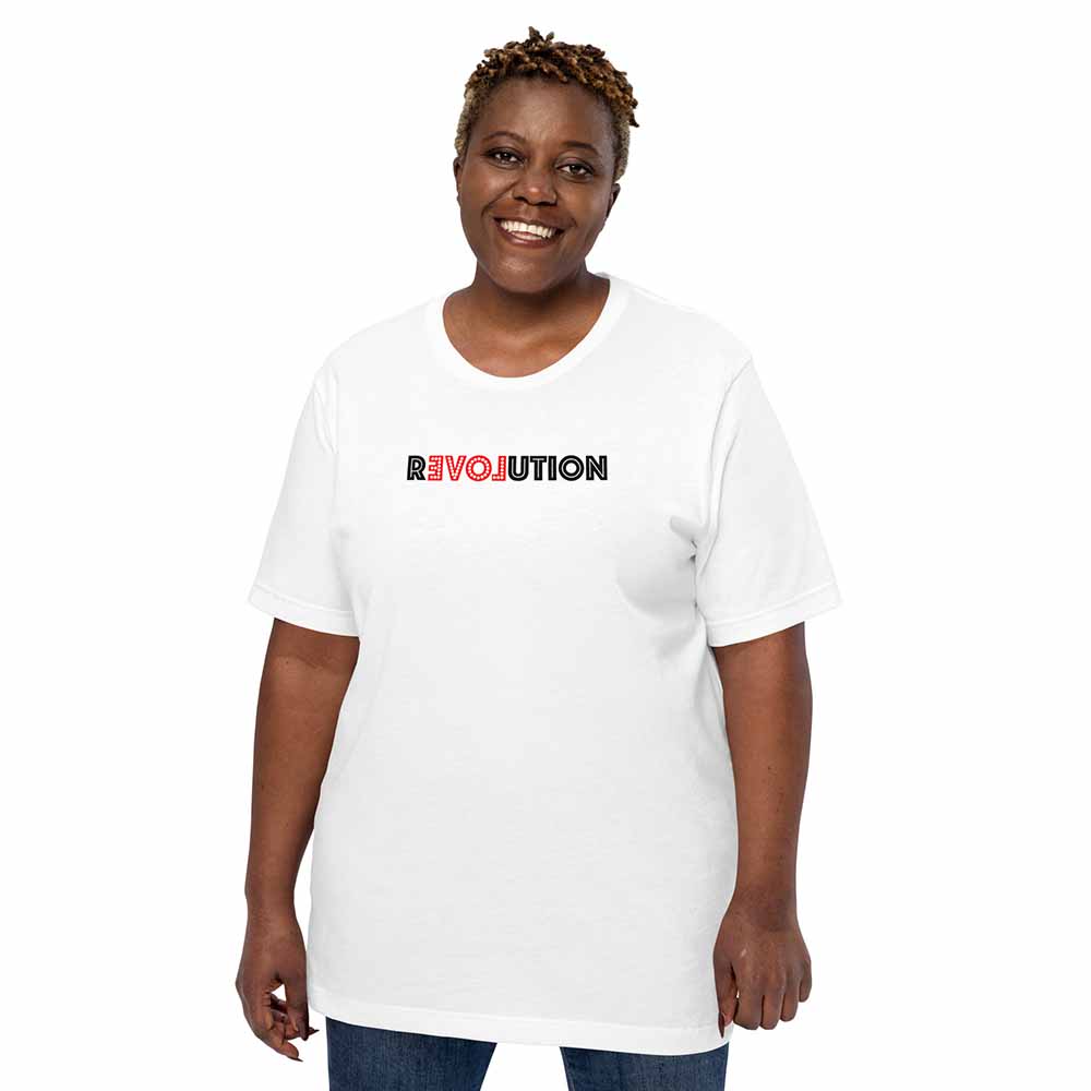 Love revolution white t-shirt on woman