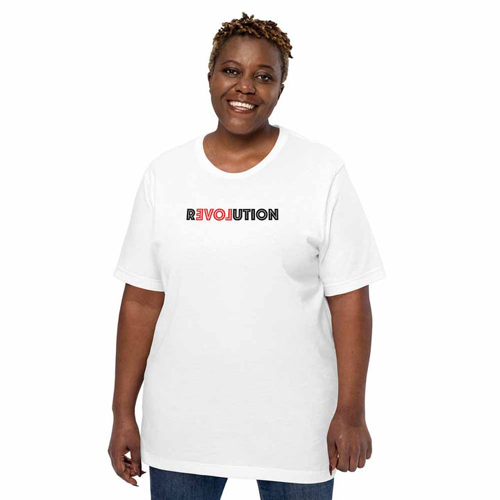 Love revolution white t-shirt on woman