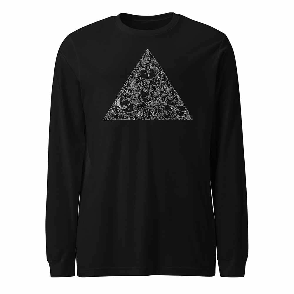 Black long-sleeve shirt with a geometric design on a white background