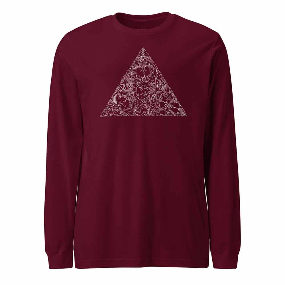 Maroon long-sleeve shirt with a white triangle design on a white background