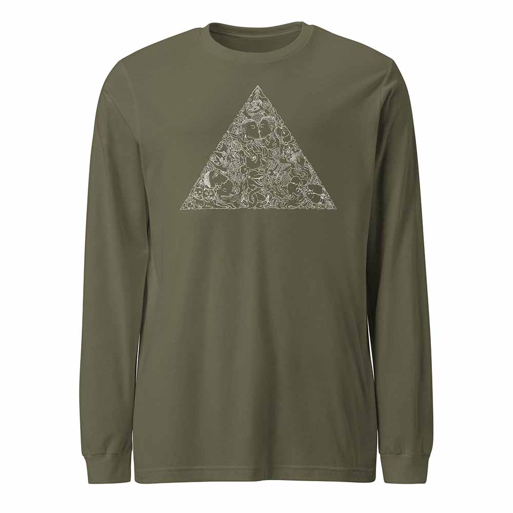 Green long-sleeve shirt with a geometric triangle design on a white background