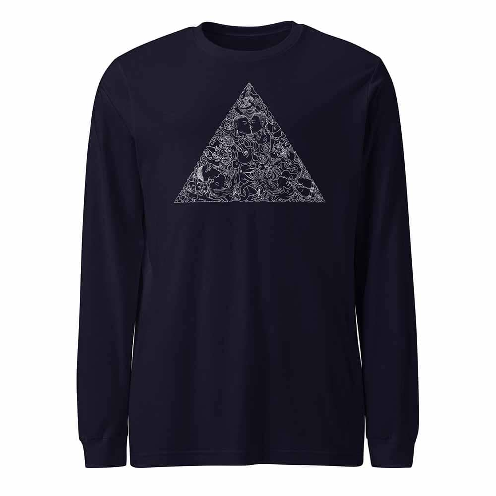 Navy blue long-sleeve shirt with a white triangle design on a white background