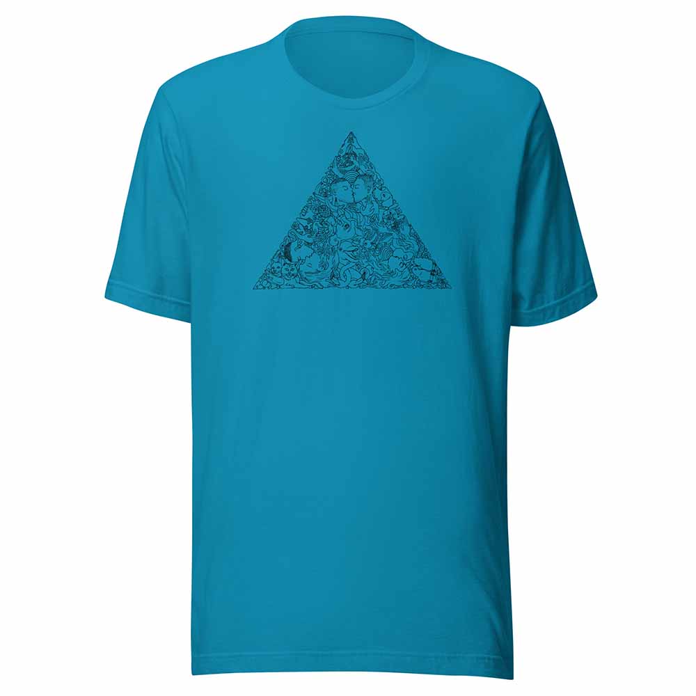 aqua Blue t-shirt with a black love triangle design on a white background
