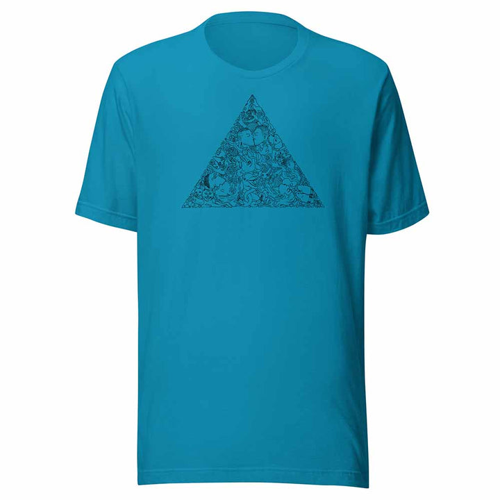 aqua Blue t-shirt with a black love triangle design on a white background