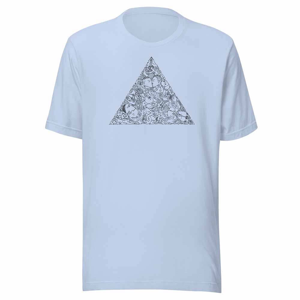 Light blue t-shirt with a black love triangle design on a white background
