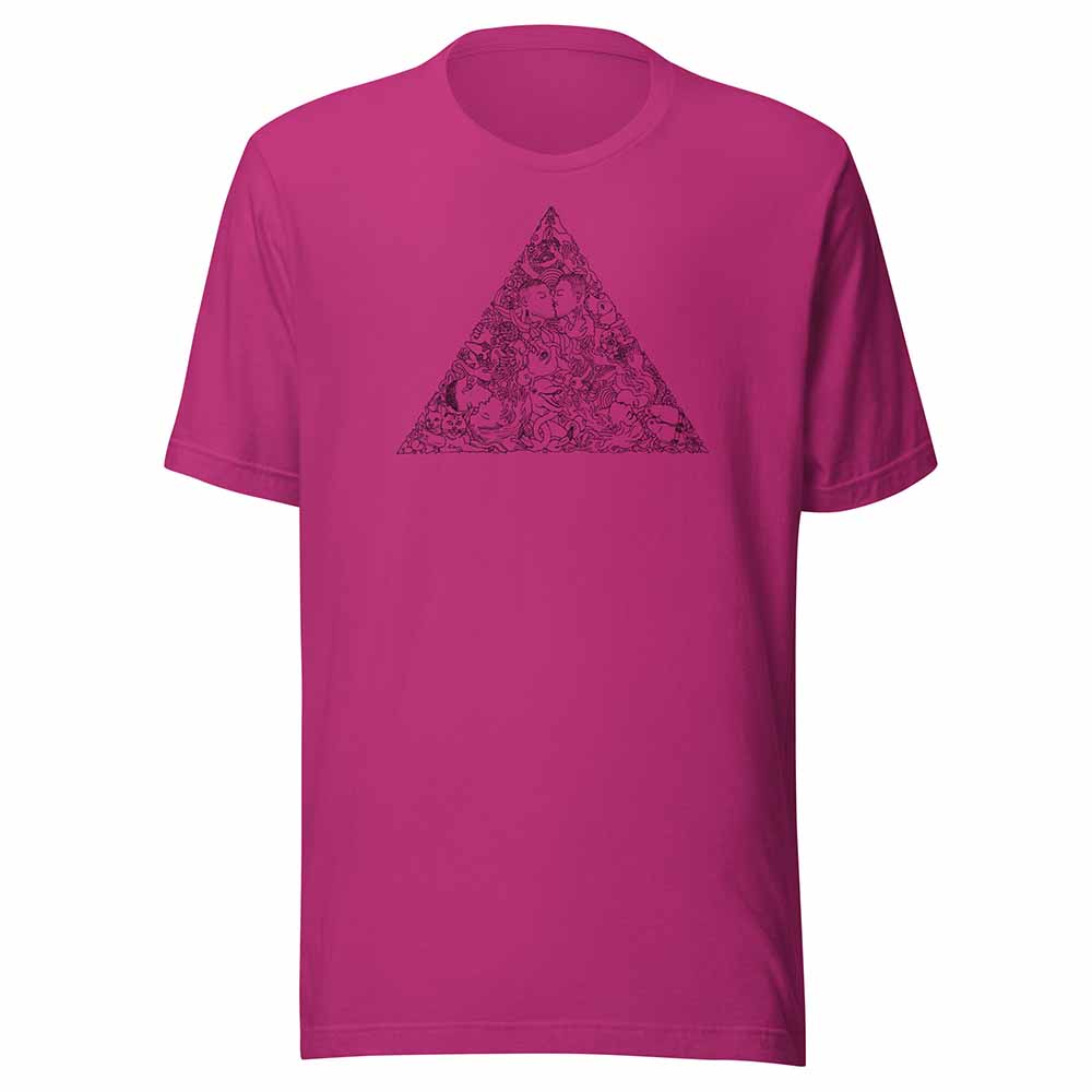 berry Pink t-shirt with a black love triangle design on a white background