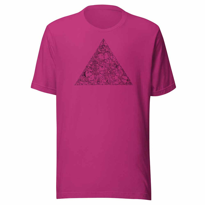 berry Pink t-shirt with a black love triangle design on a white background