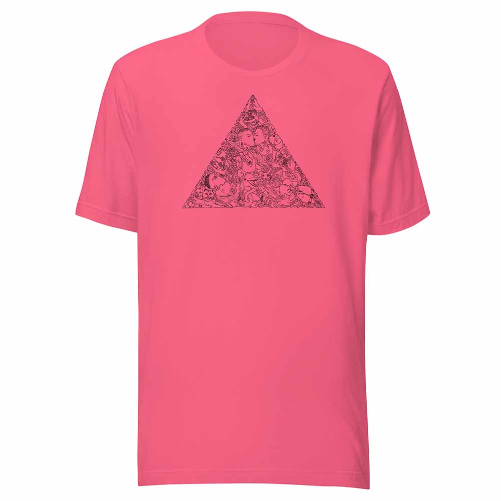 Bright Pink t-shirt with a black love triangle design on a white background