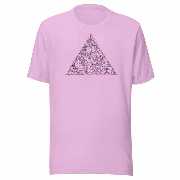Pink t-shirt with a love triangle design on a white background