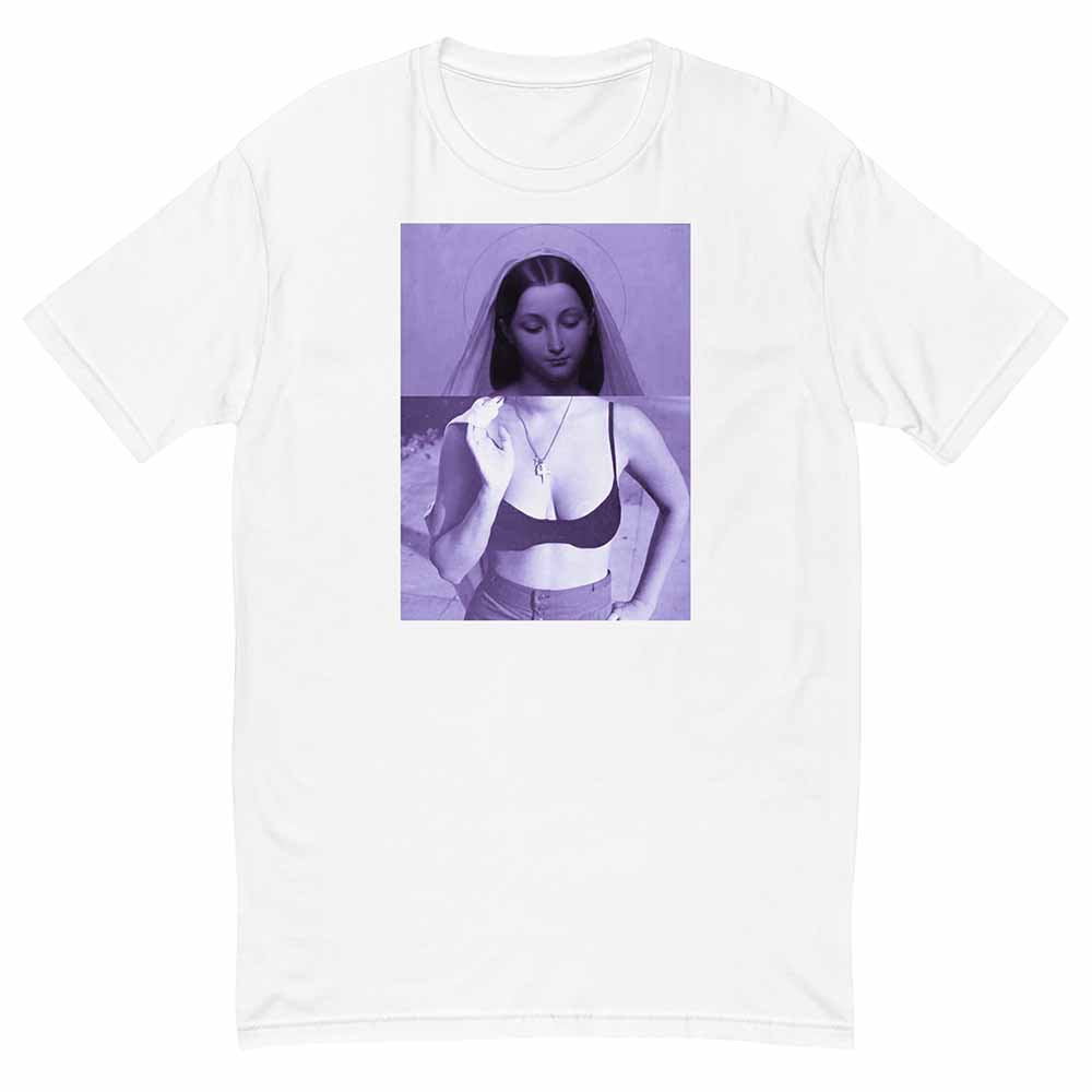 White t-shirt with a graphic of Mary in a sports bra on a purple background.