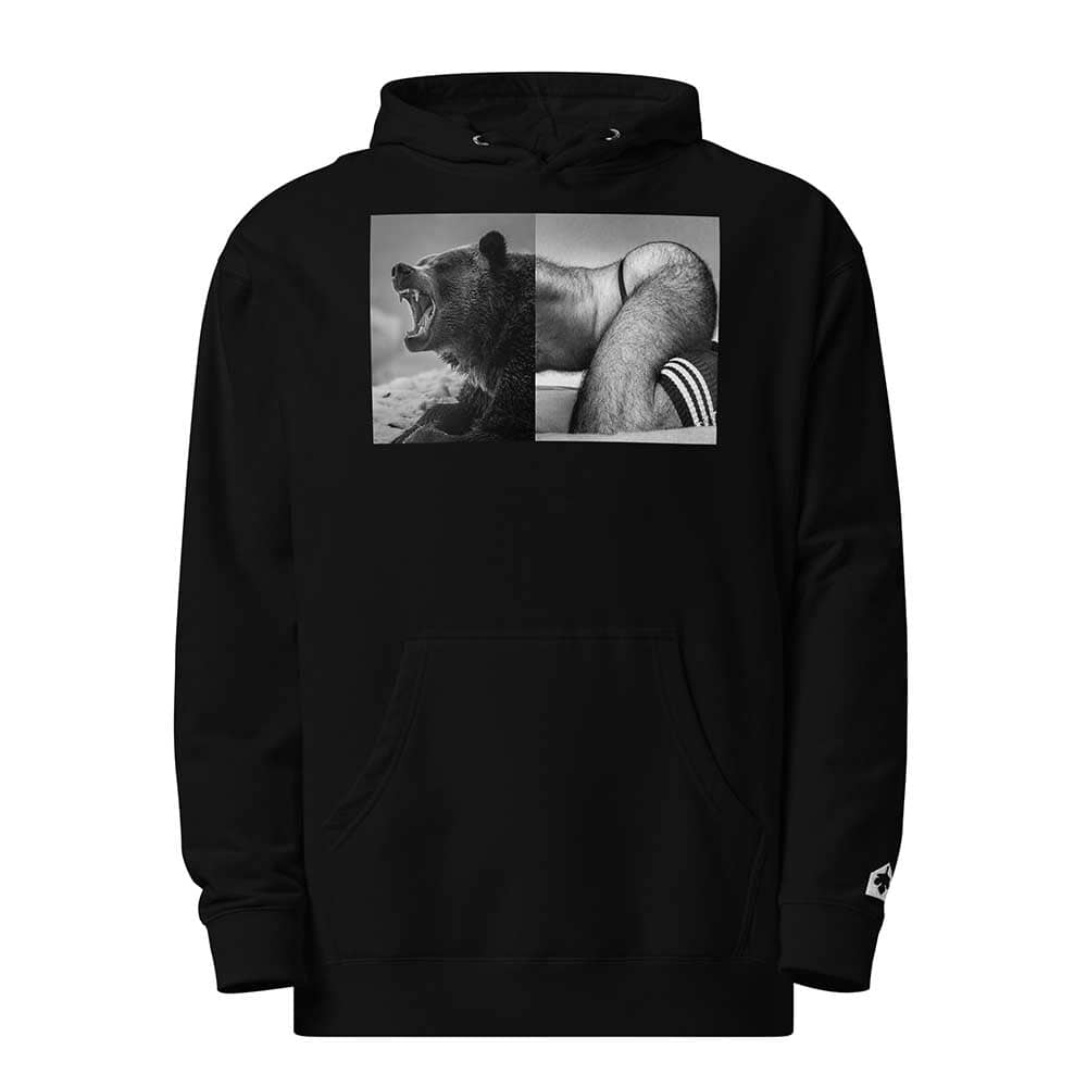 Black hoodie with graphic of a bear and person on a white background