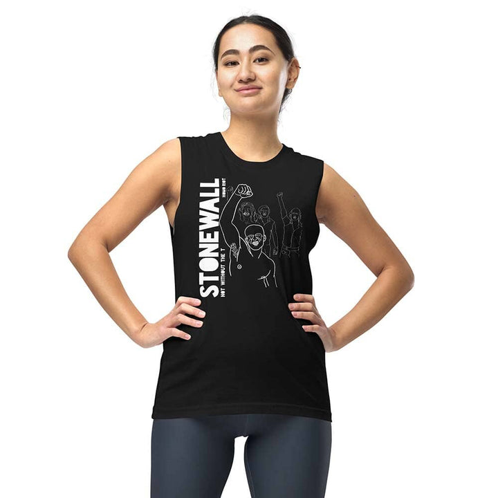 Person wearing a black sleeveless shirt with &