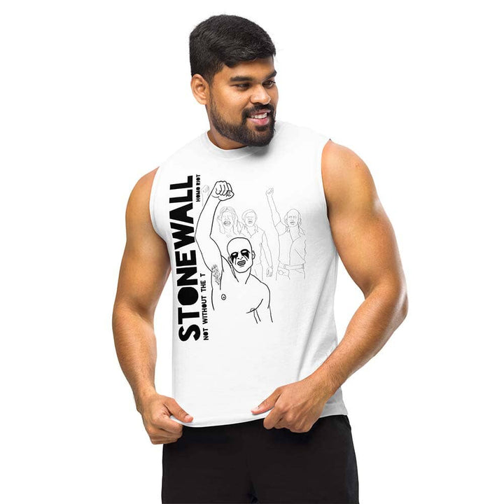 Man wearing a white sleeveless shirt with &