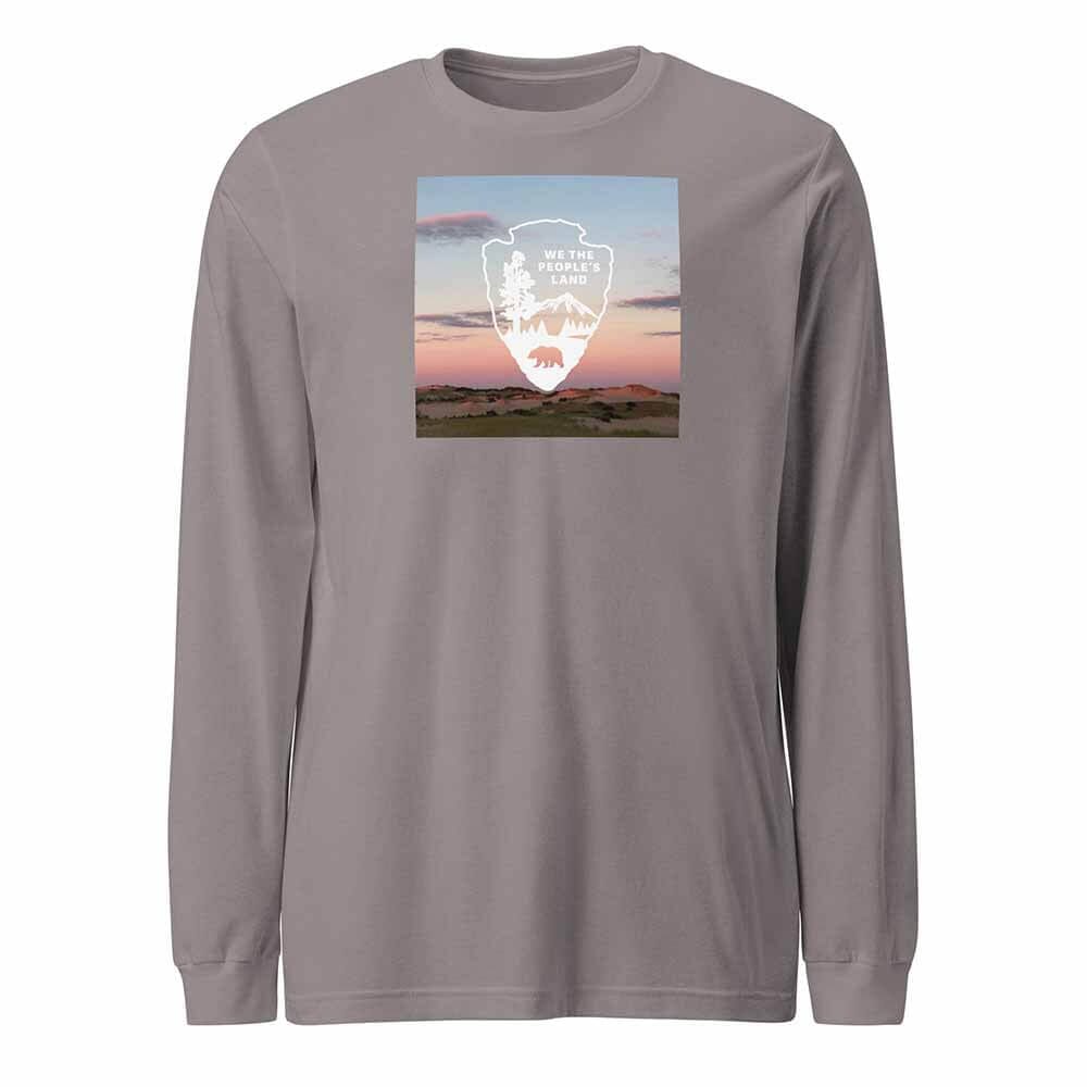 Gray long-sleeve shirt with a graphic design on a white background