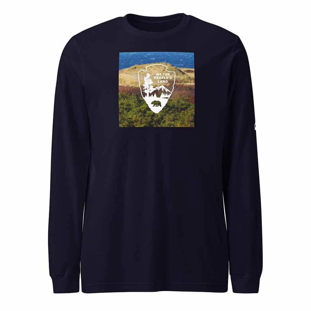 Navy blue long-sleeve shirt with a nature-themed graphic on a white background
