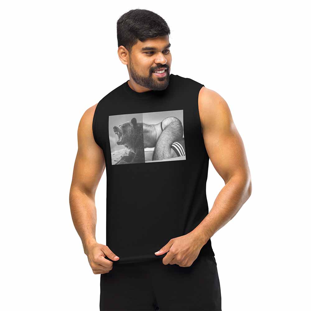 Naro Pinosa Growling Bear Sleeveless T-Shirt on man